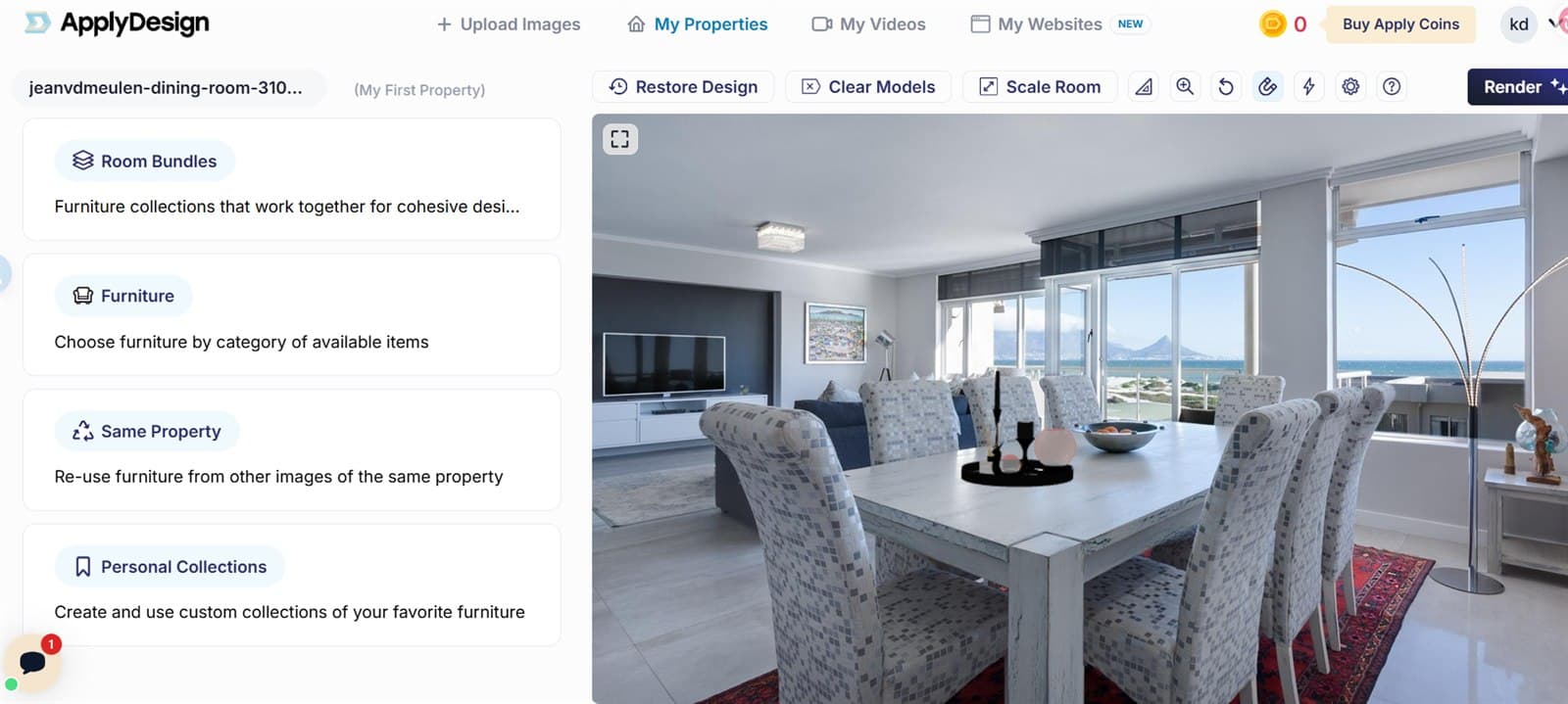 Apply Design 3D editor showing the Room Bundles, Furniture, Same Property and Personal Collections panels plus the Render toolbar