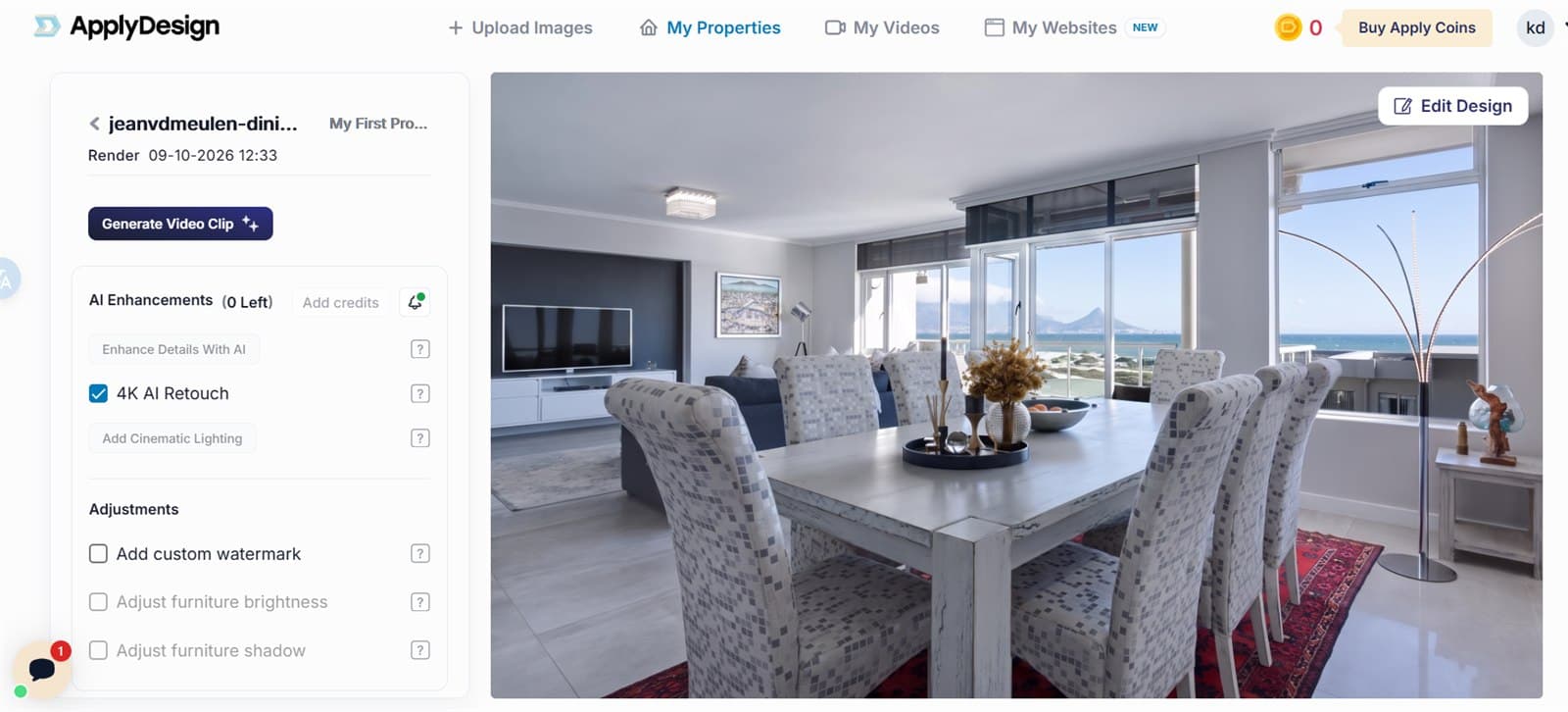 Apply Design render panel listing AI Enhancements including Enhance Details With AI, 4K AI Retouch and Add Cinematic Lighting, plus watermark and furniture brightness adjustments