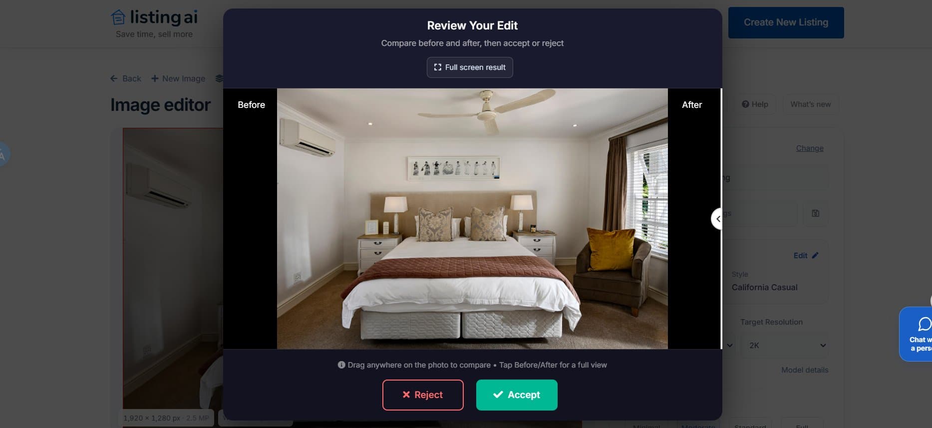 ListingAI virtual renovation bedroom before and after