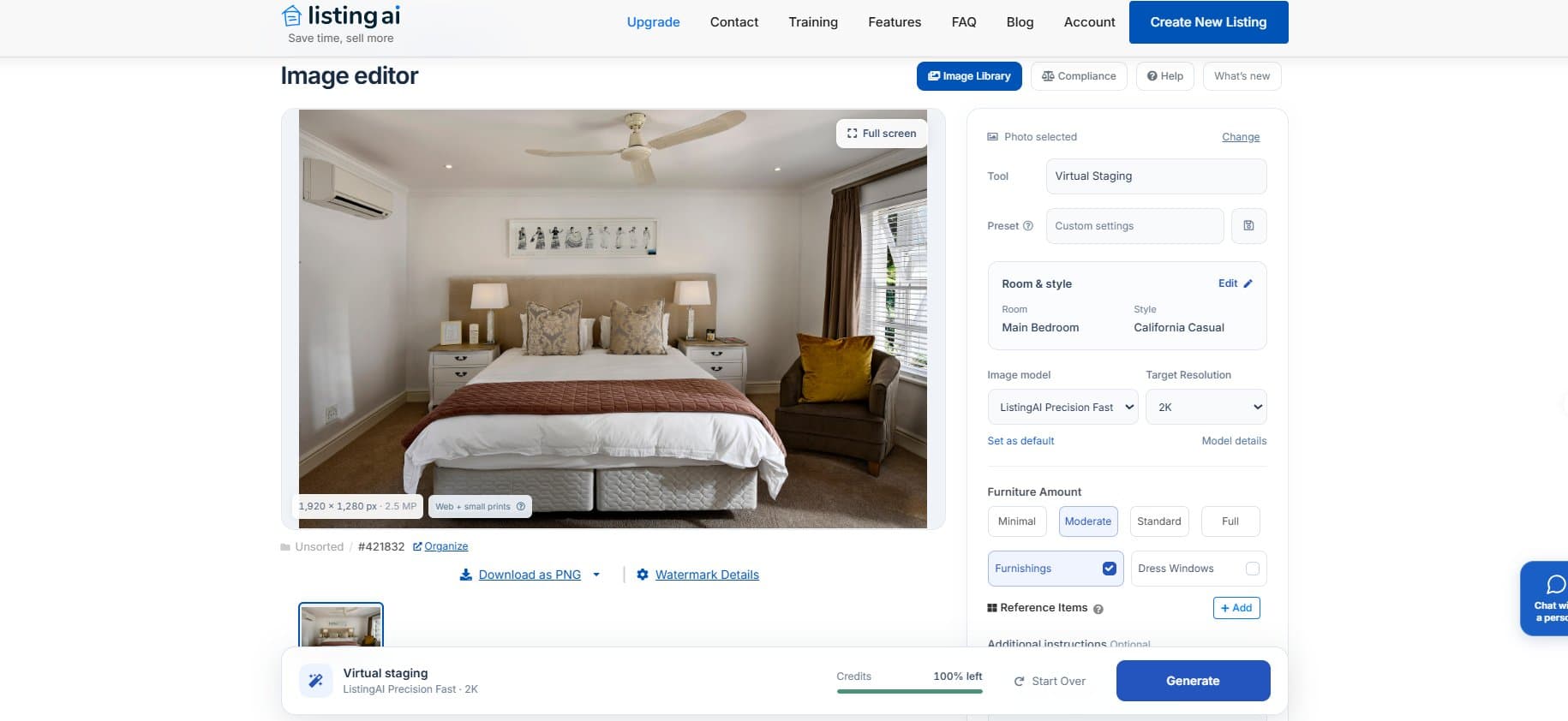 ListingAI Virtual Staging panel showing the original furnished main bedroom with California Casual and Moderate selected and the credit meter reading 100% left