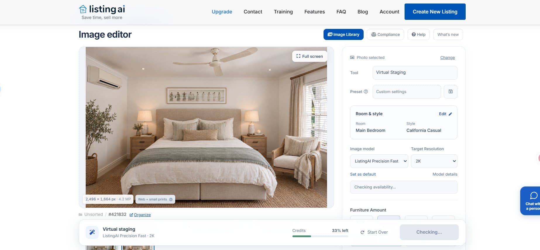 ListingAI editor showing the renovated bedroom with the credit meter at the bottom reading 33% left