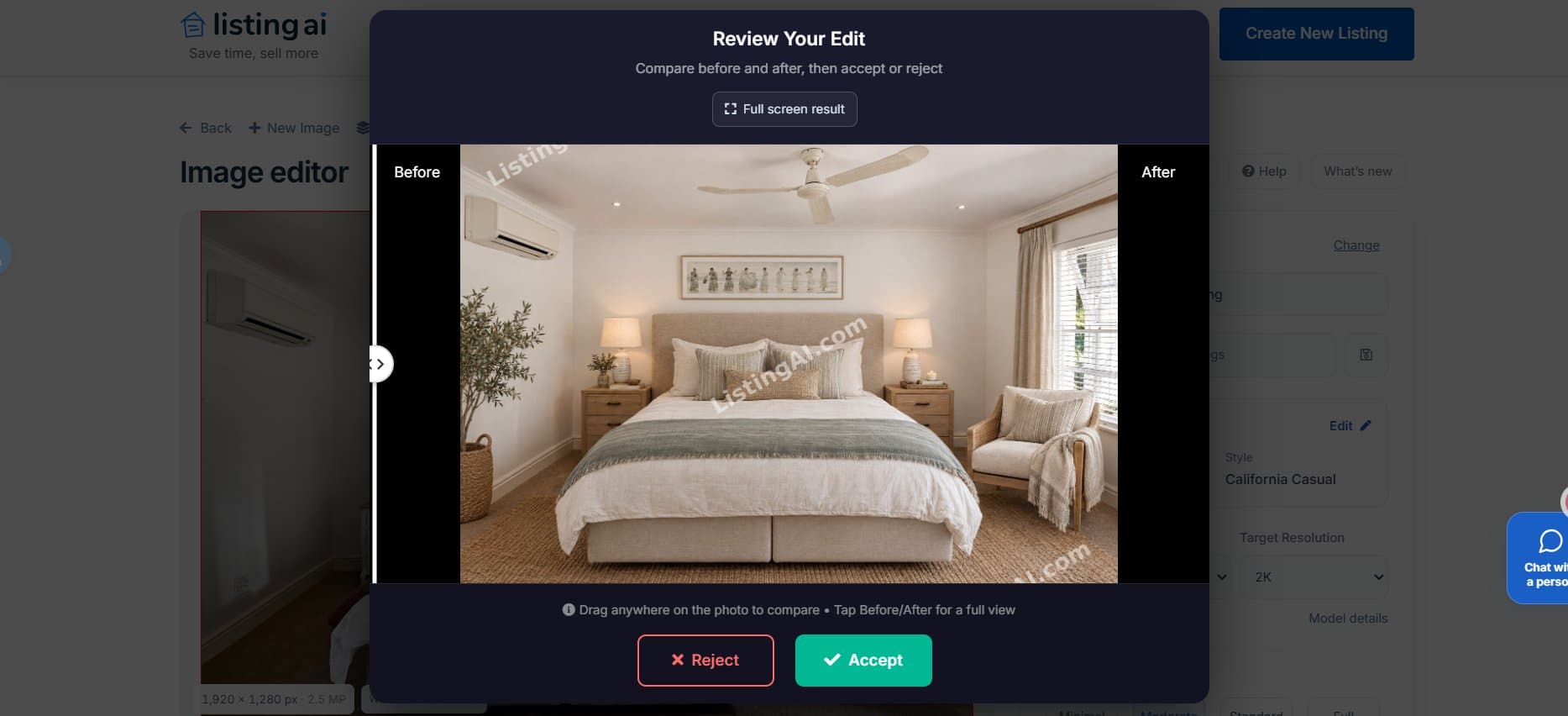 ListingAI Review Your Edit dialog with a before and after slider and Reject and Accept buttons