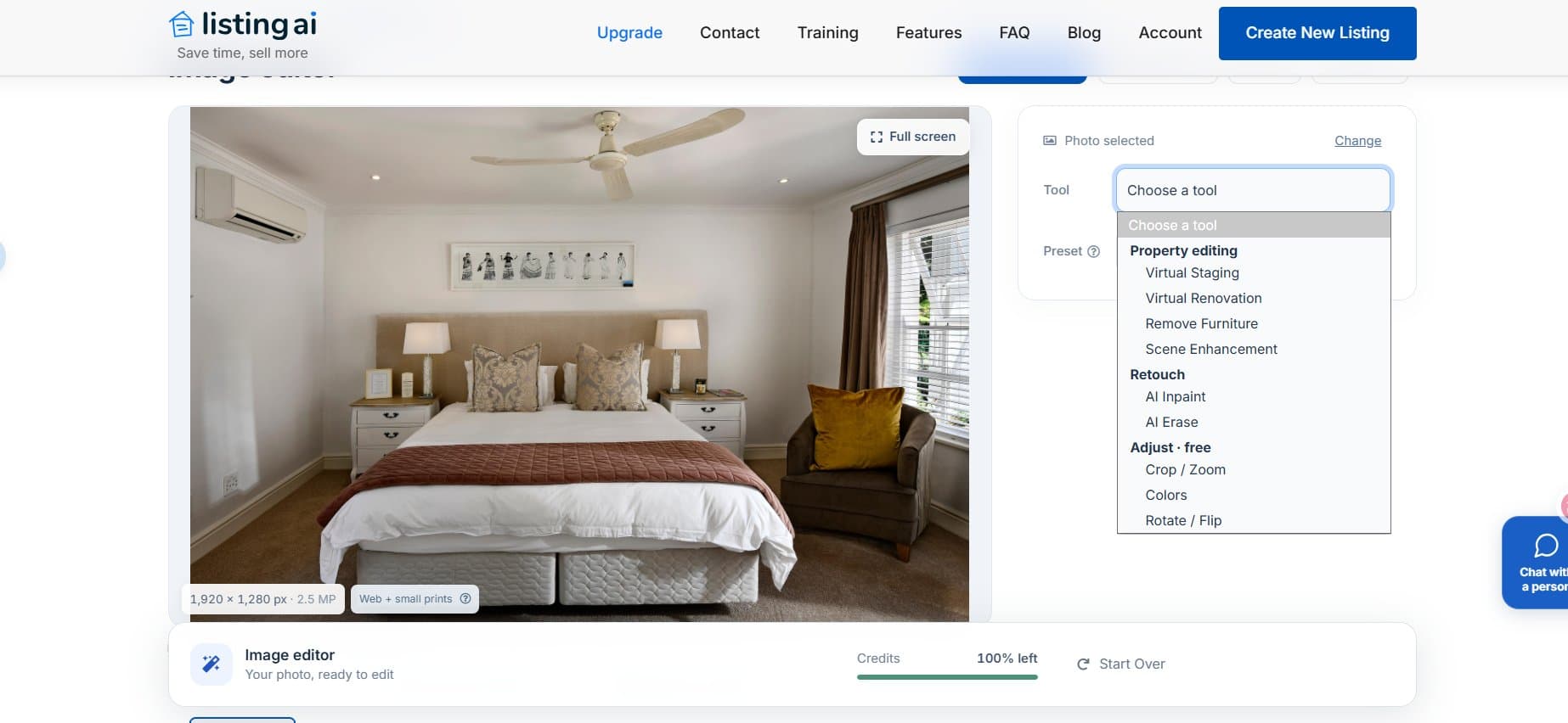 ListingAI editor with the editing tool dropdown open, showing Virtual Staging, Virtual Renovation, Remove Furniture, AI Inpaint and AI Erase